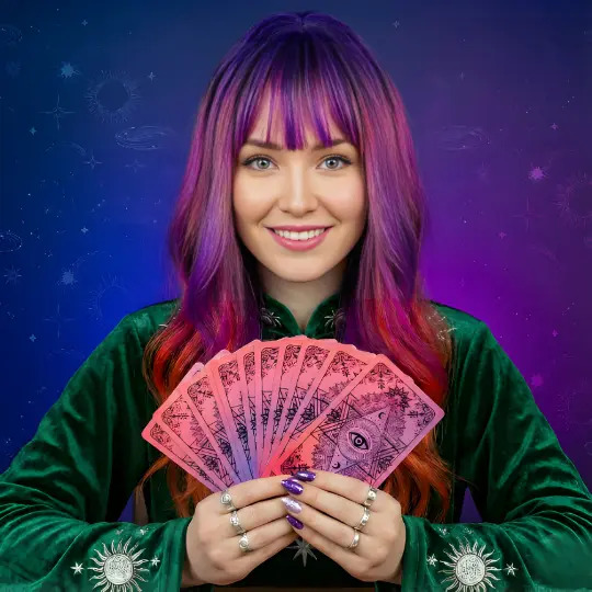 Seraphina holding a fan of tarot cards